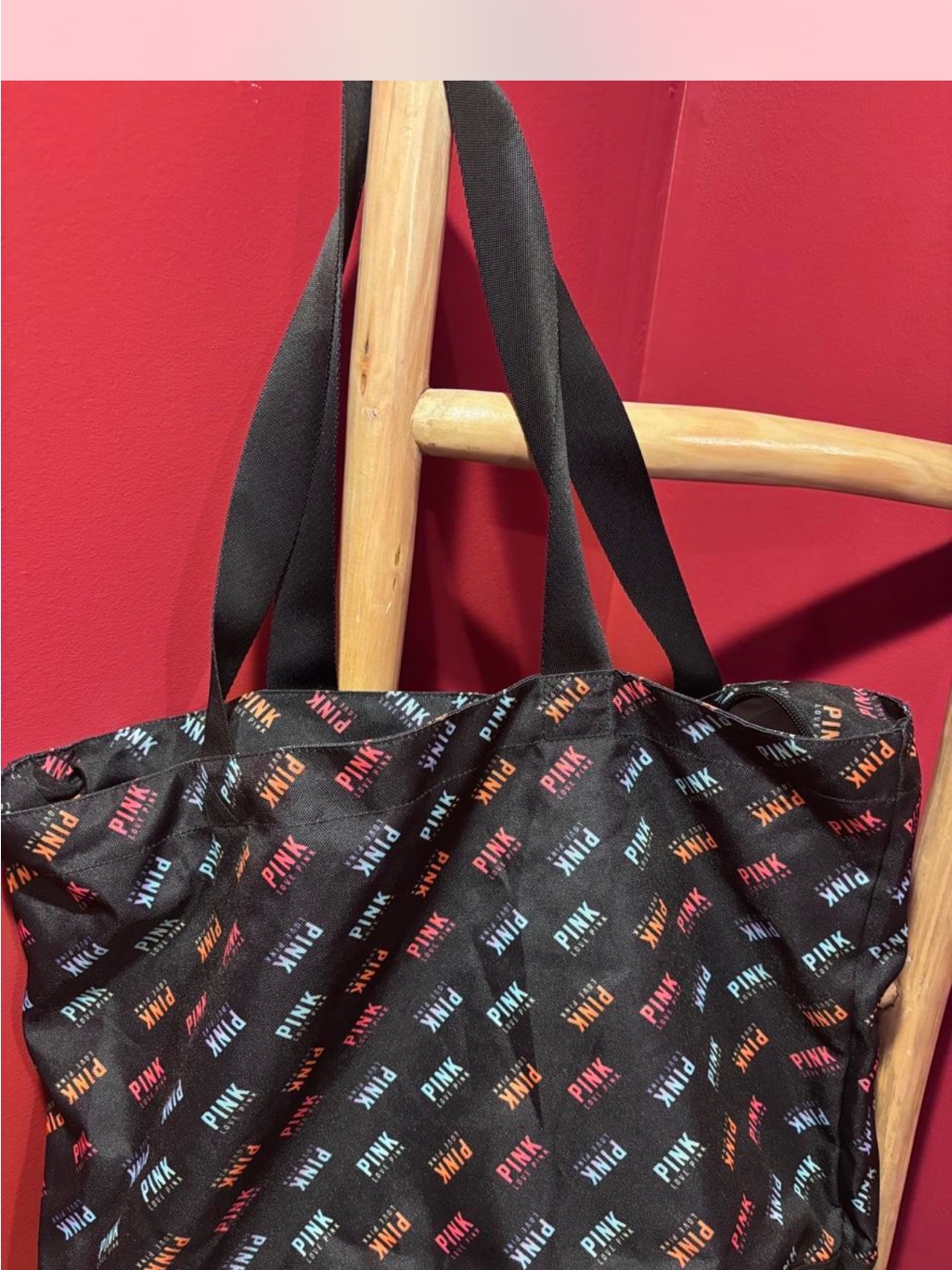 Pink Victorias Secret Black Tote With Multicolor Logo Print